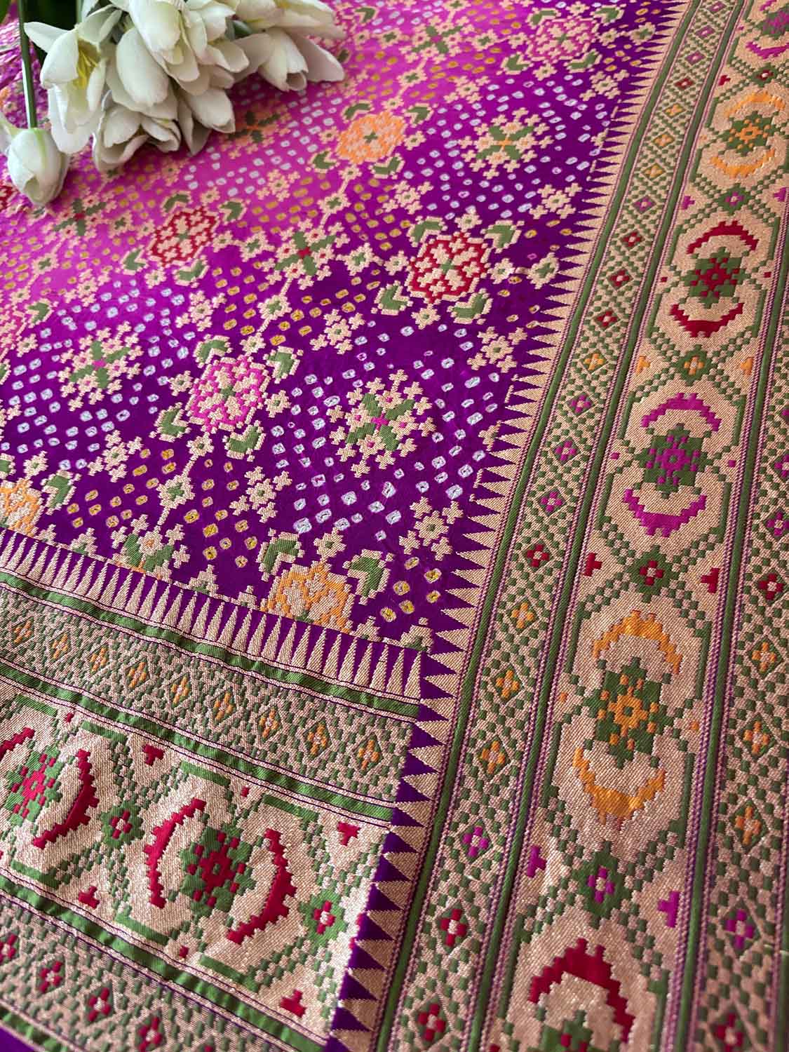 Exquisite Pink Purple Banarasi Bandhani Pure Georgette Meenakari Patola Design Dupatta - Luxurion World- Crafted Heirlooms