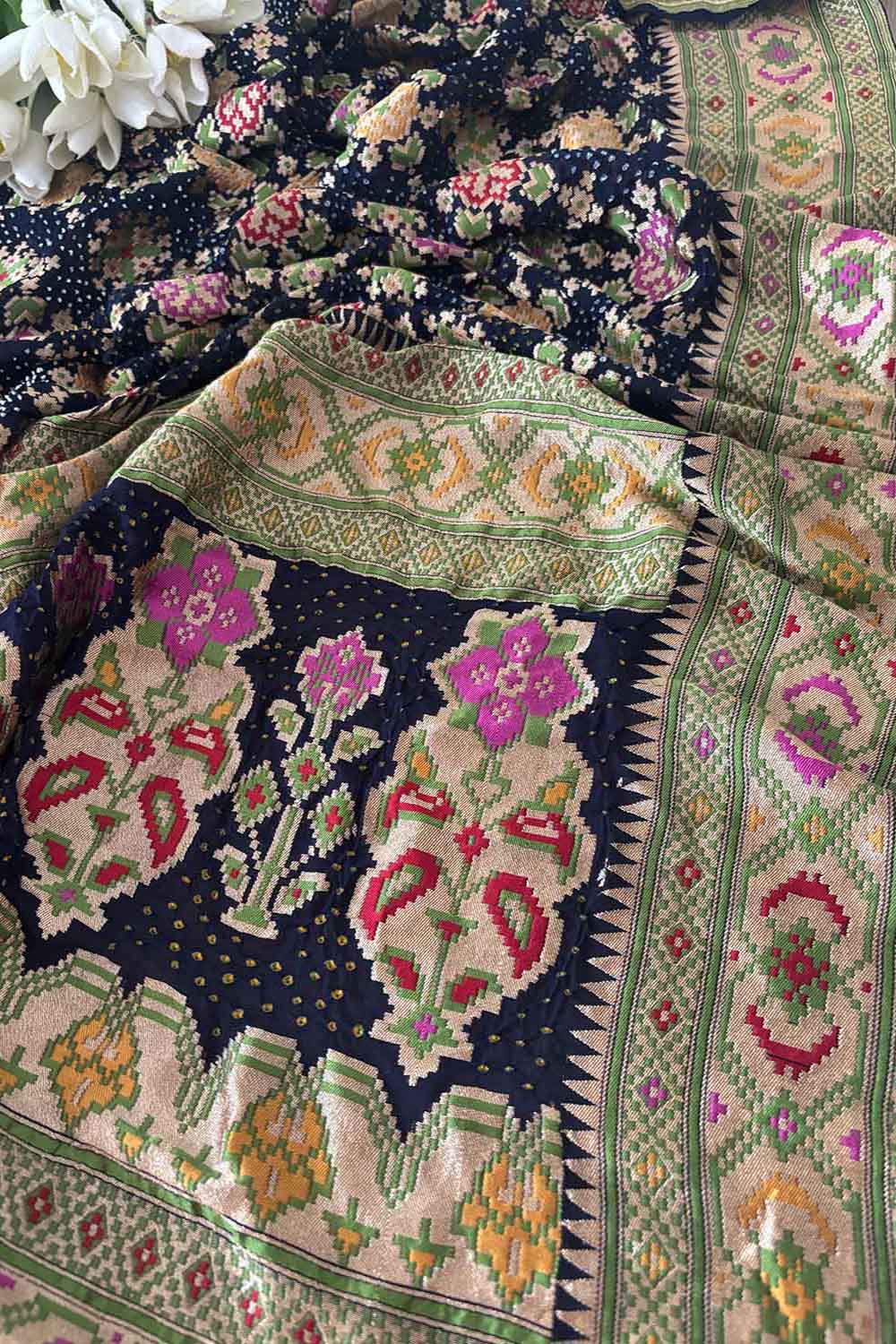 Blue Banarasi Bandhani Pure Georgette Meenakari Patola Design Hand Bandhej Dupatta - Luxurion World