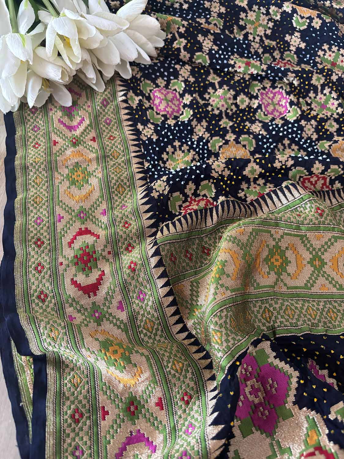 Blue Banarasi Bandhani Pure Georgette Meenakari Patola Design Hand Bandhej Dupatta - Luxurion World