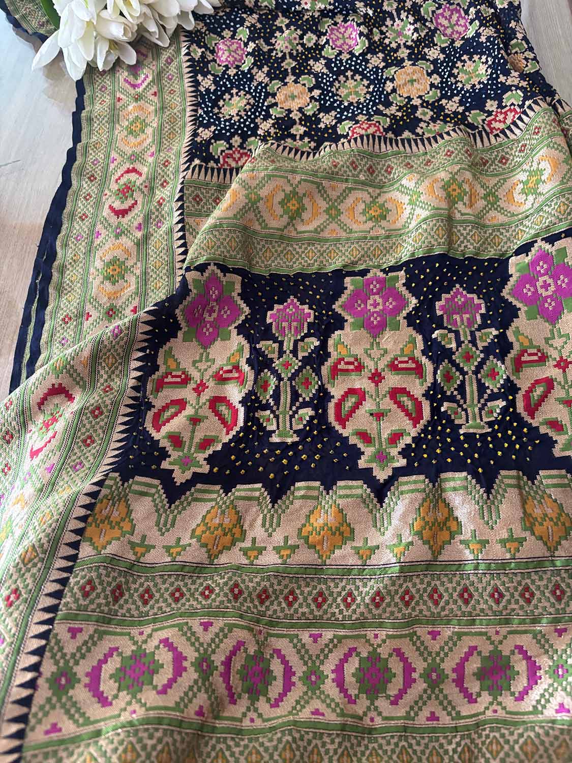 Blue Banarasi Bandhani Pure Georgette Meenakari Patola Design Hand Bandhej Dupatta - Luxurion World
