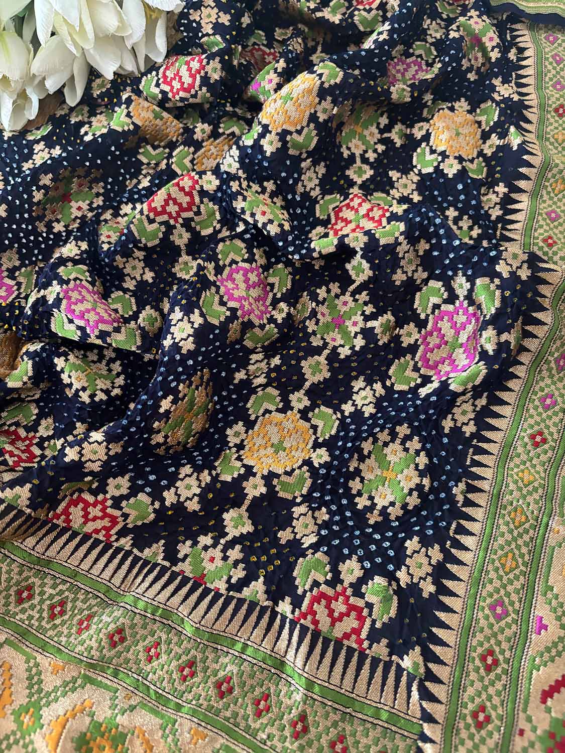 Blue Banarasi Bandhani Pure Georgette Meenakari Patola Design Hand Bandhej Dupatta - Luxurion World