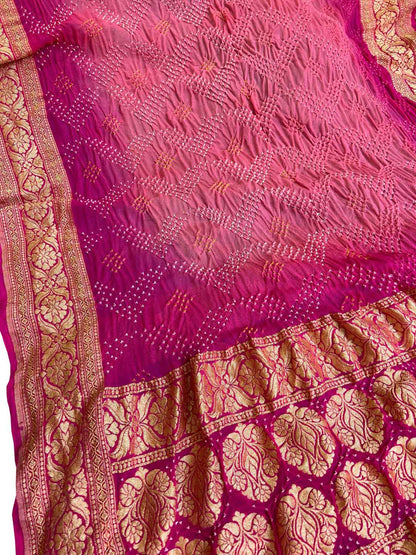 Stunning Pink Banarasi Bandhani Georgette Neemzari Dupatta - Luxurion World