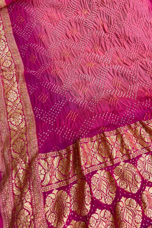 Stunning Pink Banarasi Bandhani Georgette Neemzari Dupatta - Luxurion World