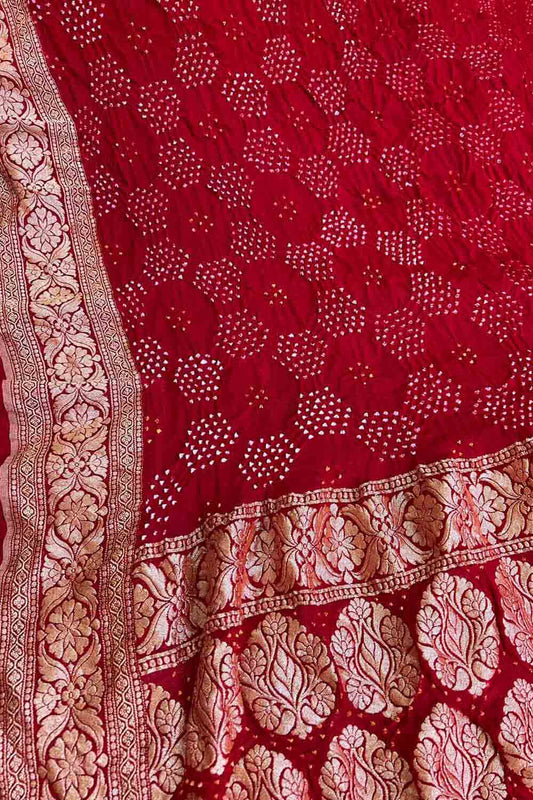 Red Banarasi Bandhani Georgette Neemzari Dupatta - Luxurion World