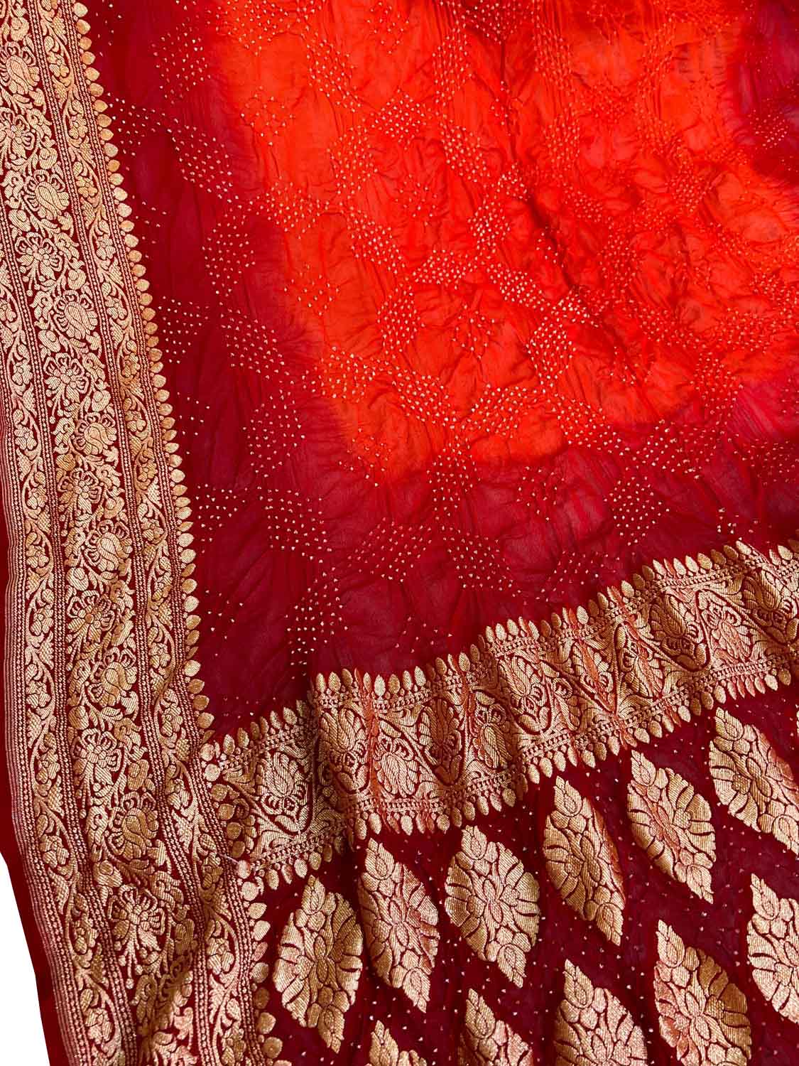 Orange & Red Banarasi Bandhani Georgette Dupatta with Neemzari - Luxurion World