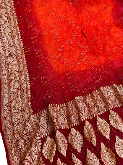 Orange & Red Banarasi Bandhani Georgette Dupatta with Neemzari - Luxurion World