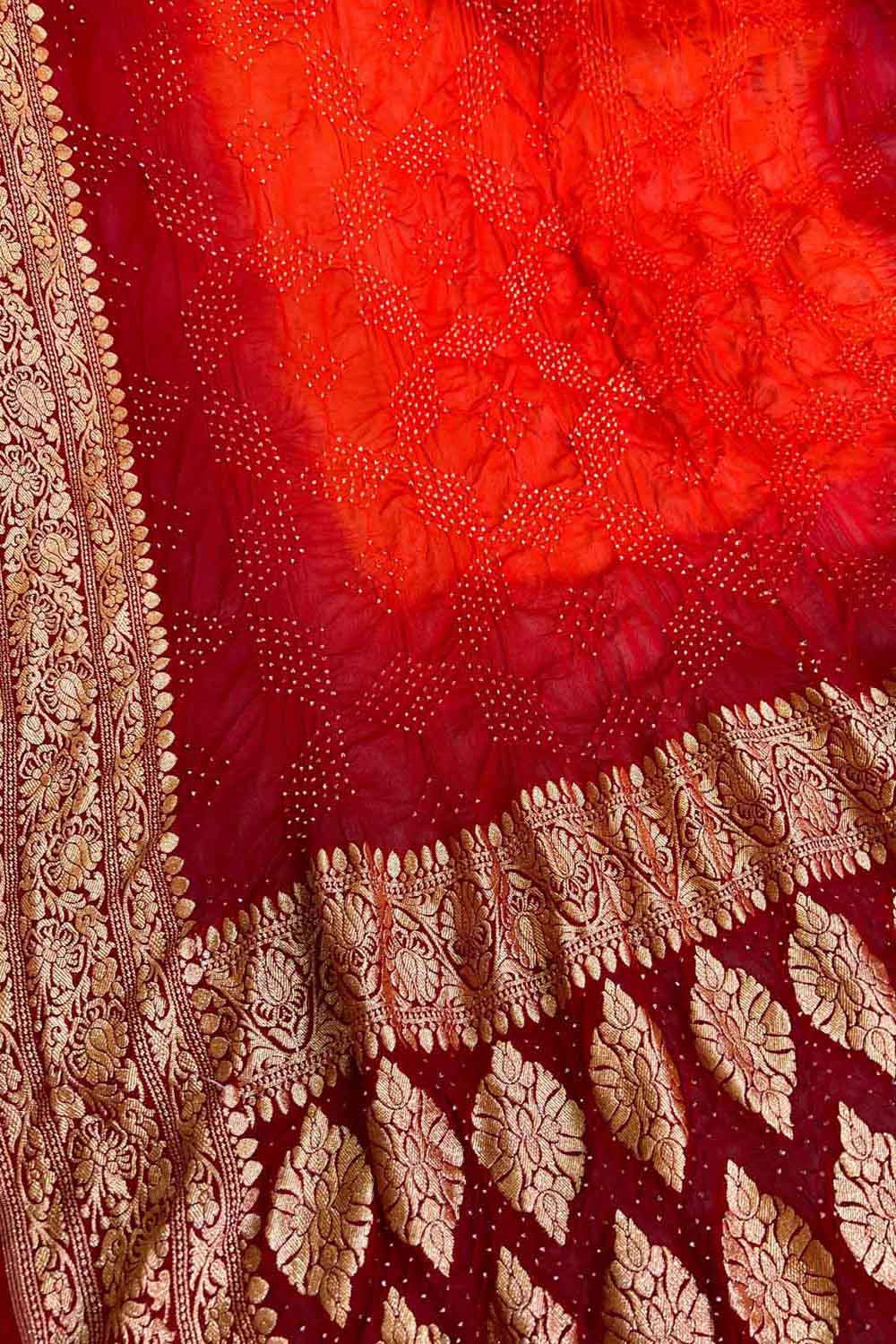 Orange & Red Banarasi Bandhani Georgette Dupatta with Neemzari - Luxurion World
