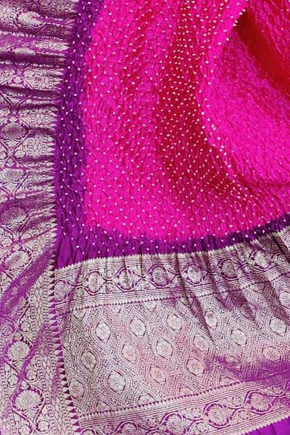 Pink Bandhani Pure Silk Dupatta With Kanjeevaram Border - Luxurion World