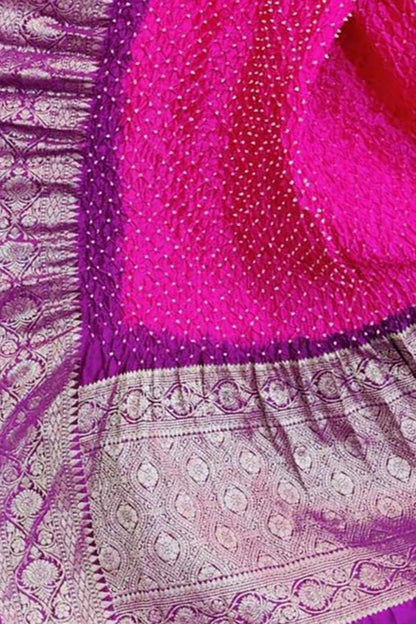 Pink Bandhani Pure Silk Dupatta With Kanjeevaram Border - Luxurion World