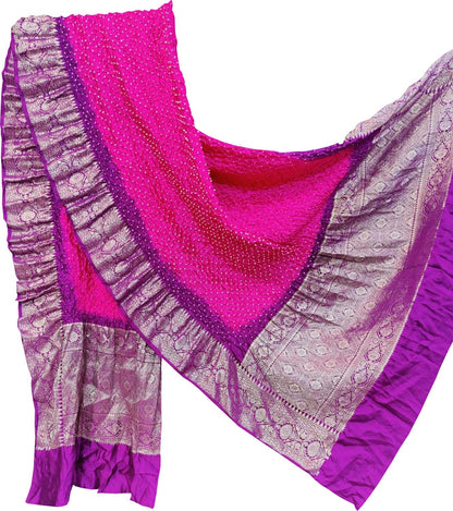 Pink Bandhani Pure Silk Dupatta With Kanjeevaram Border - Luxurion World