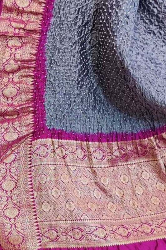 Elegant Grey Bandhani Pure Silk Dupatta With Kanjeevaram Border - Luxurion World