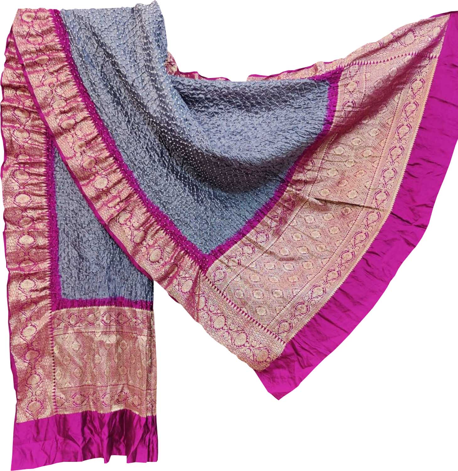 Elegant Grey Bandhani Pure Silk Dupatta With Kanjeevaram Border - Luxurion World