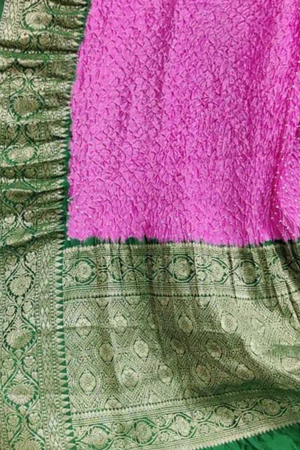 Stunning Pink Bandhani Pure Silk Dupatta With Kanjeevaram Border - Luxurion World