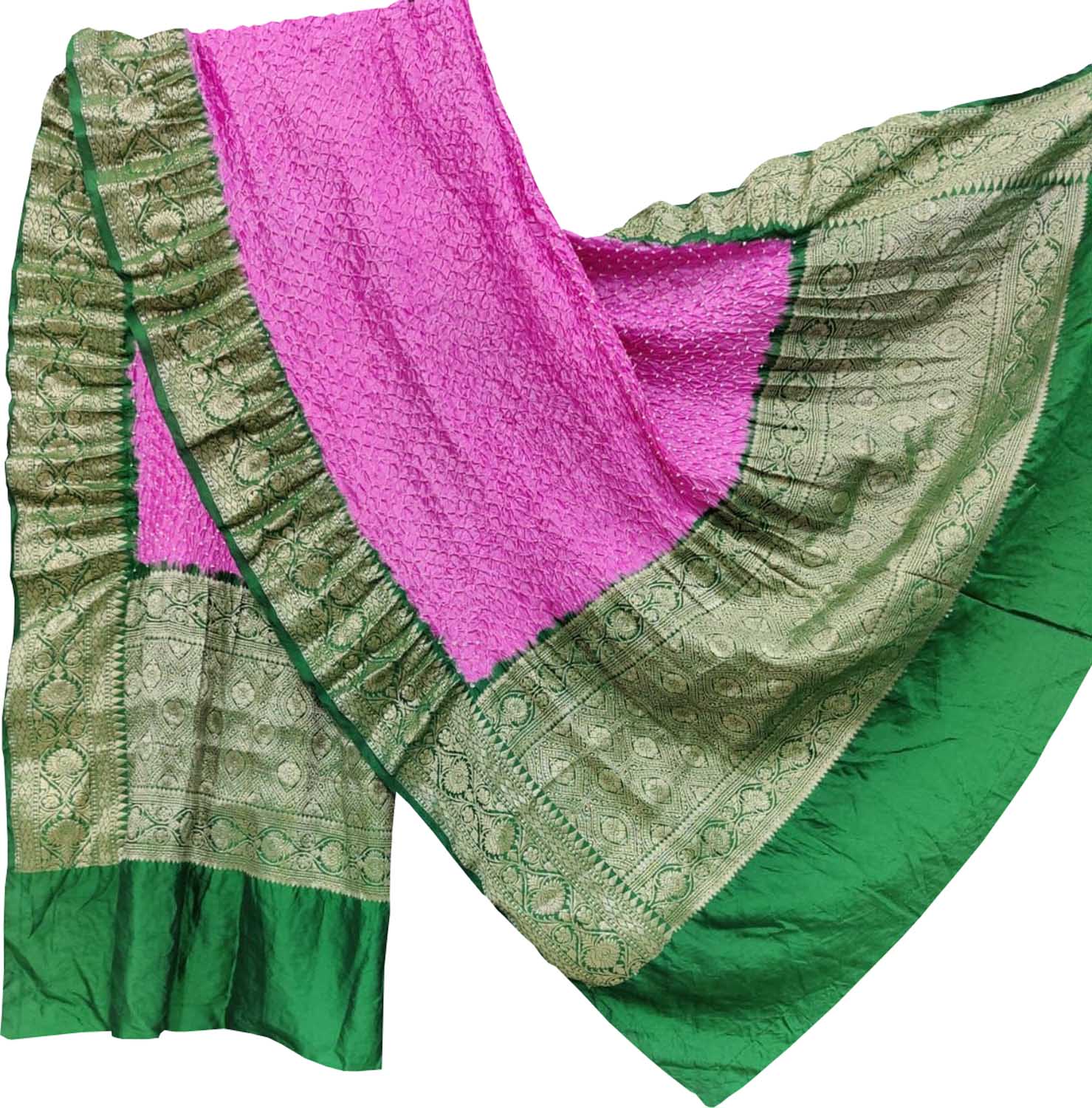 Stunning Pink Bandhani Pure Silk Dupatta With Kanjeevaram Border - Luxurion World