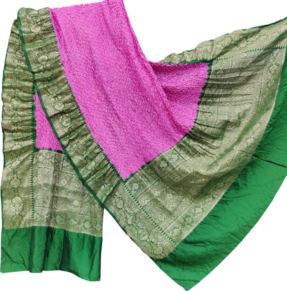 Stunning Pink Bandhani Pure Silk Dupatta With Kanjeevaram Border - Luxurion World