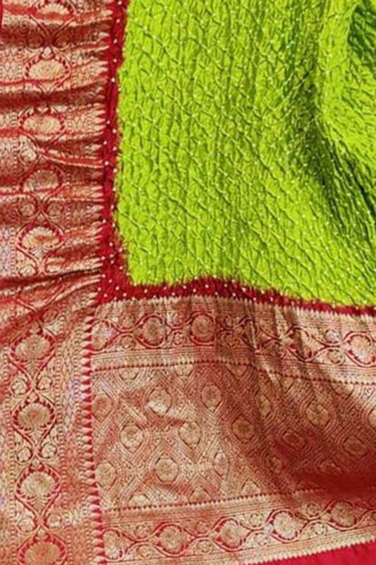 Green Bandhani Pure Silk Dupatta With Kanjeevaram Border - Luxurion World