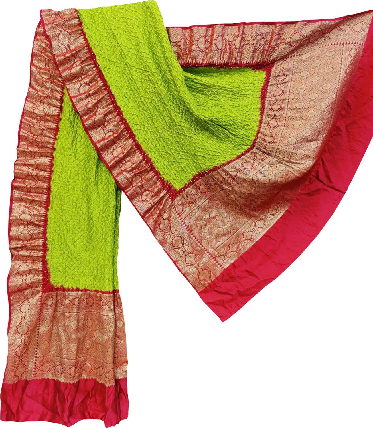 Green Bandhani Pure Silk Dupatta With Kanjeevaram Border - Luxurion World