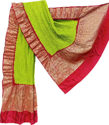 Green Bandhani Pure Silk Dupatta With Kanjeevaram Border - Luxurion World