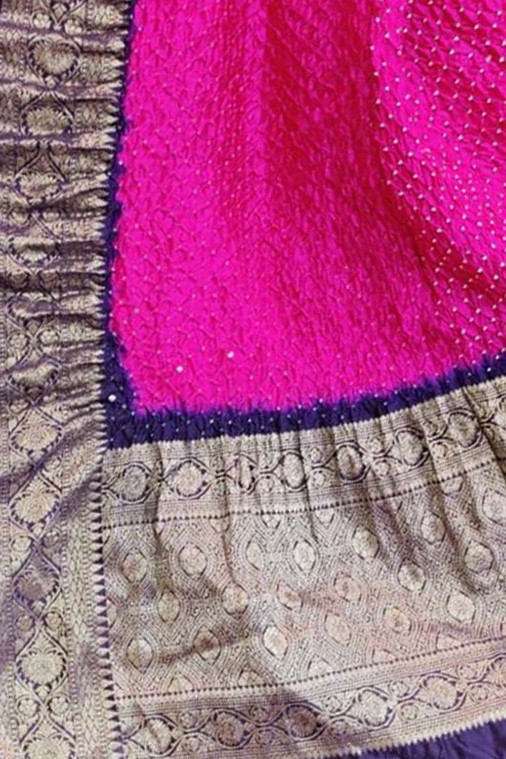 Stunning Pink Bandhani Pure Silk Dupatta With Kanjeevaram Border - Luxurion World