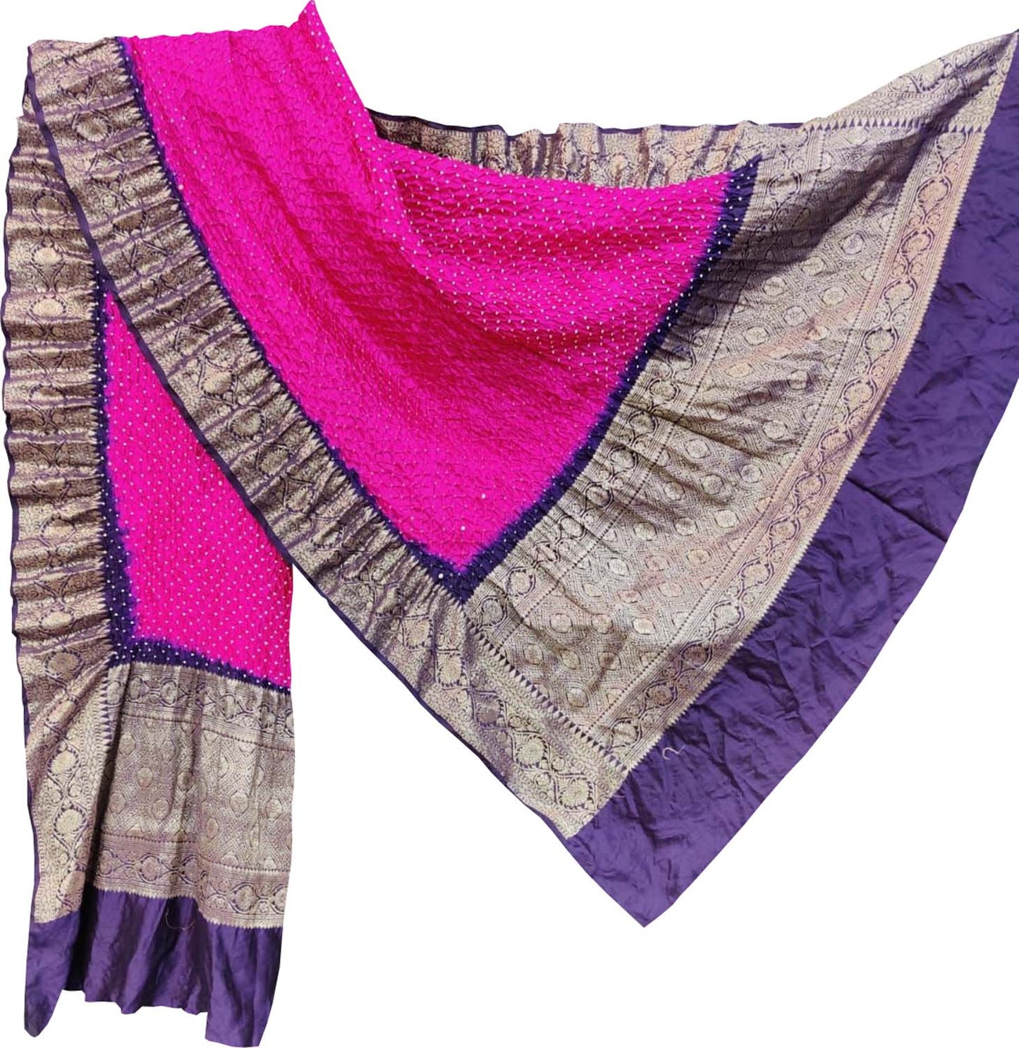 Stunning Pink Bandhani Pure Silk Dupatta With Kanjeevaram Border - Luxurion World