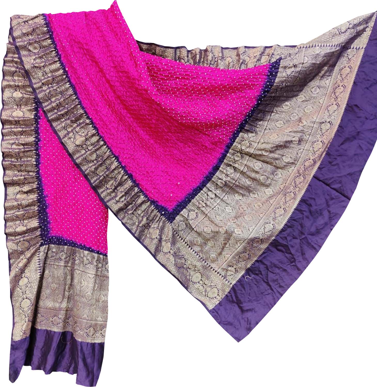 Stunning Pink Bandhani Pure Silk Dupatta With Kanjeevaram Border - Luxurion World