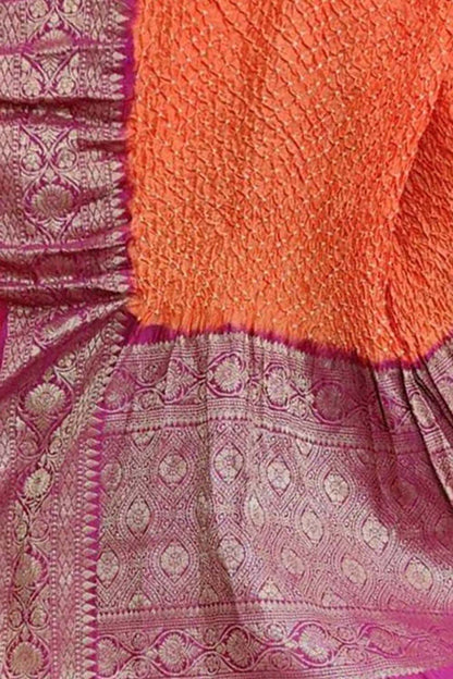 Orange Bandhani Pure Silk Dupatta With Kanjeevaram Border - Luxurion World