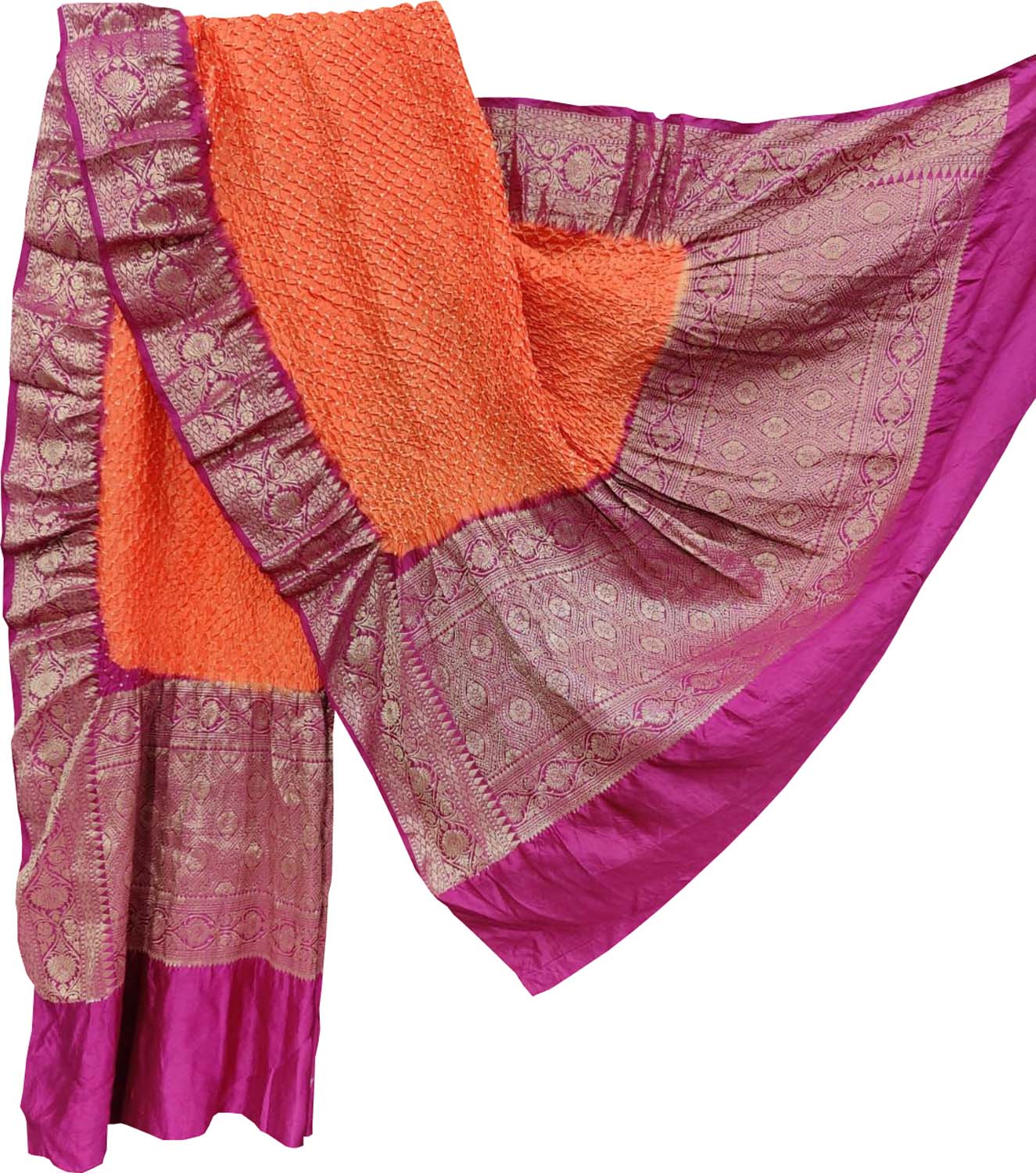 Orange Bandhani Pure Silk Dupatta With Kanjeevaram Border - Luxurion World