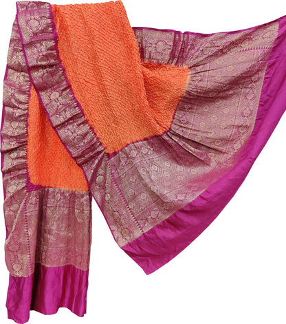 Orange Bandhani Pure Silk Dupatta With Kanjeevaram Border - Luxurion World