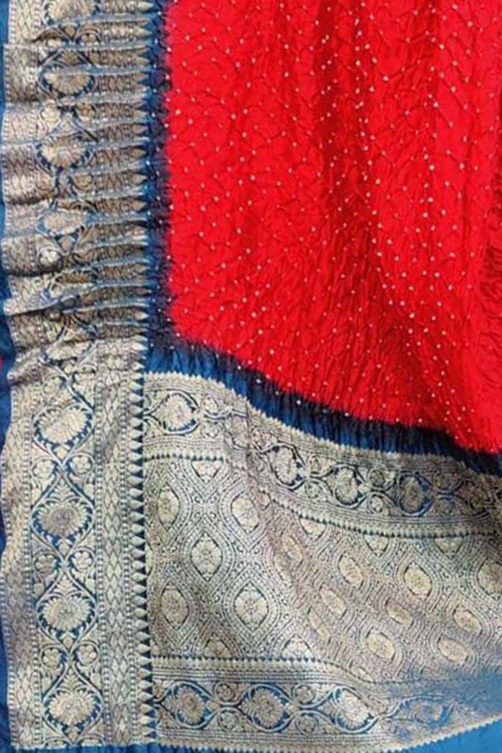 Red Bandhani Pure Silk Dupatta With Kanjeevaram Border - Luxurion World