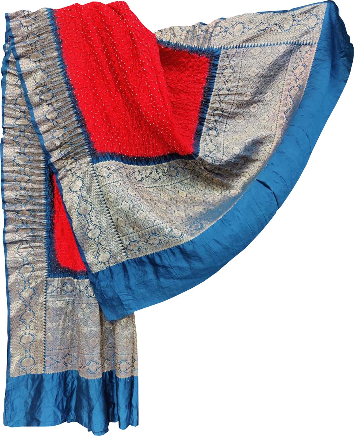 Red Bandhani Pure Silk Dupatta With Kanjeevaram Border - Luxurion World