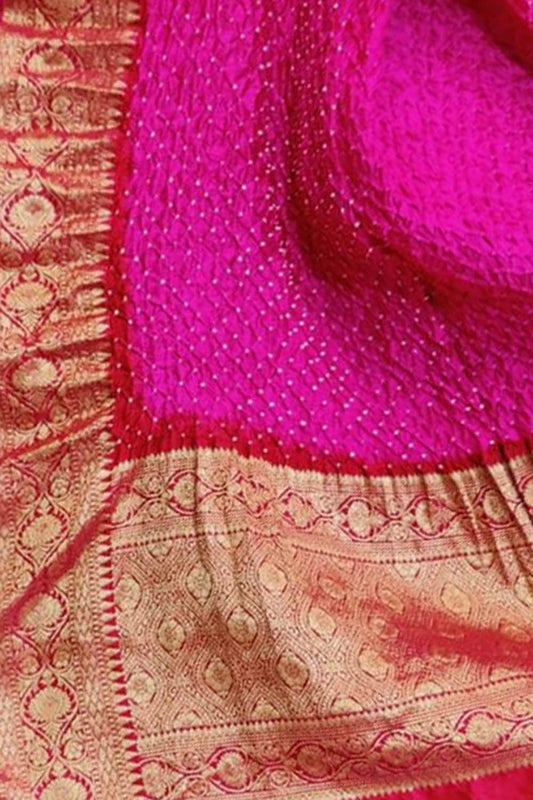 Pink Bandhani Pure Silk Dupatta With Kanjeevaram Border - Luxurion World