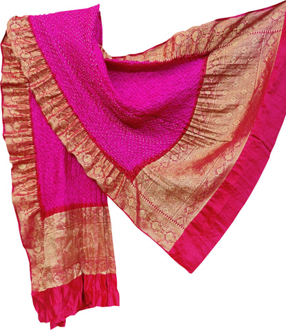 Pink Bandhani Pure Silk Dupatta With Kanjeevaram Border - Luxurion World