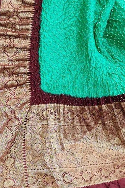 Green Bandhani Pure Silk Dupatta With Kanjeevaram Border - Luxurion World