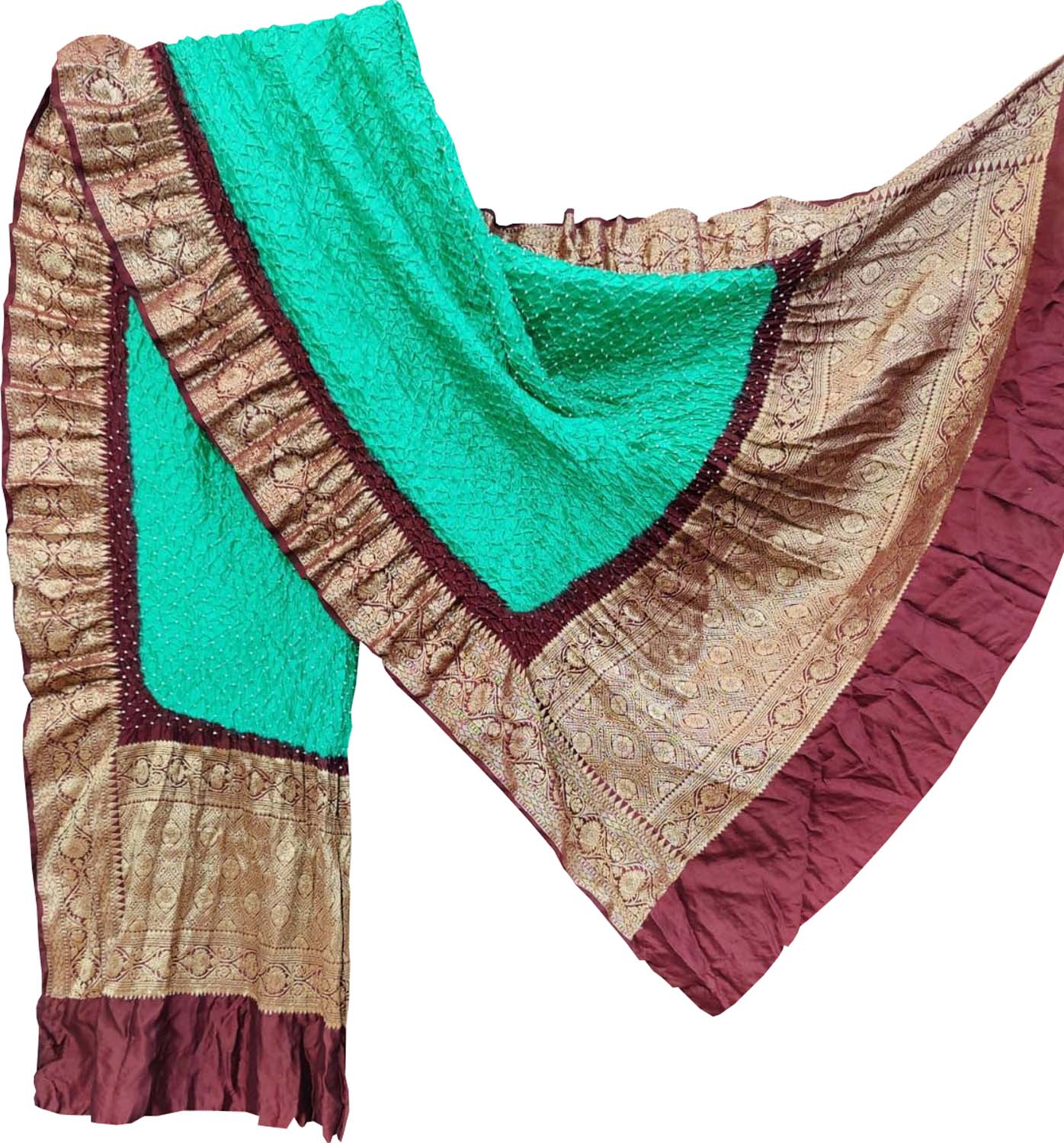 Green Bandhani Pure Silk Dupatta With Kanjeevaram Border - Luxurion World