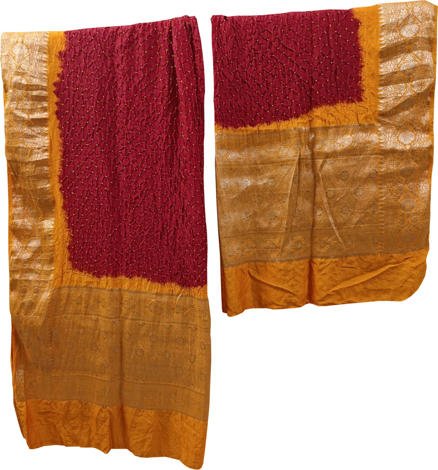 Red Bandhani Pure Silk Dupatta With Kanjeevaram Border - Luxurion World