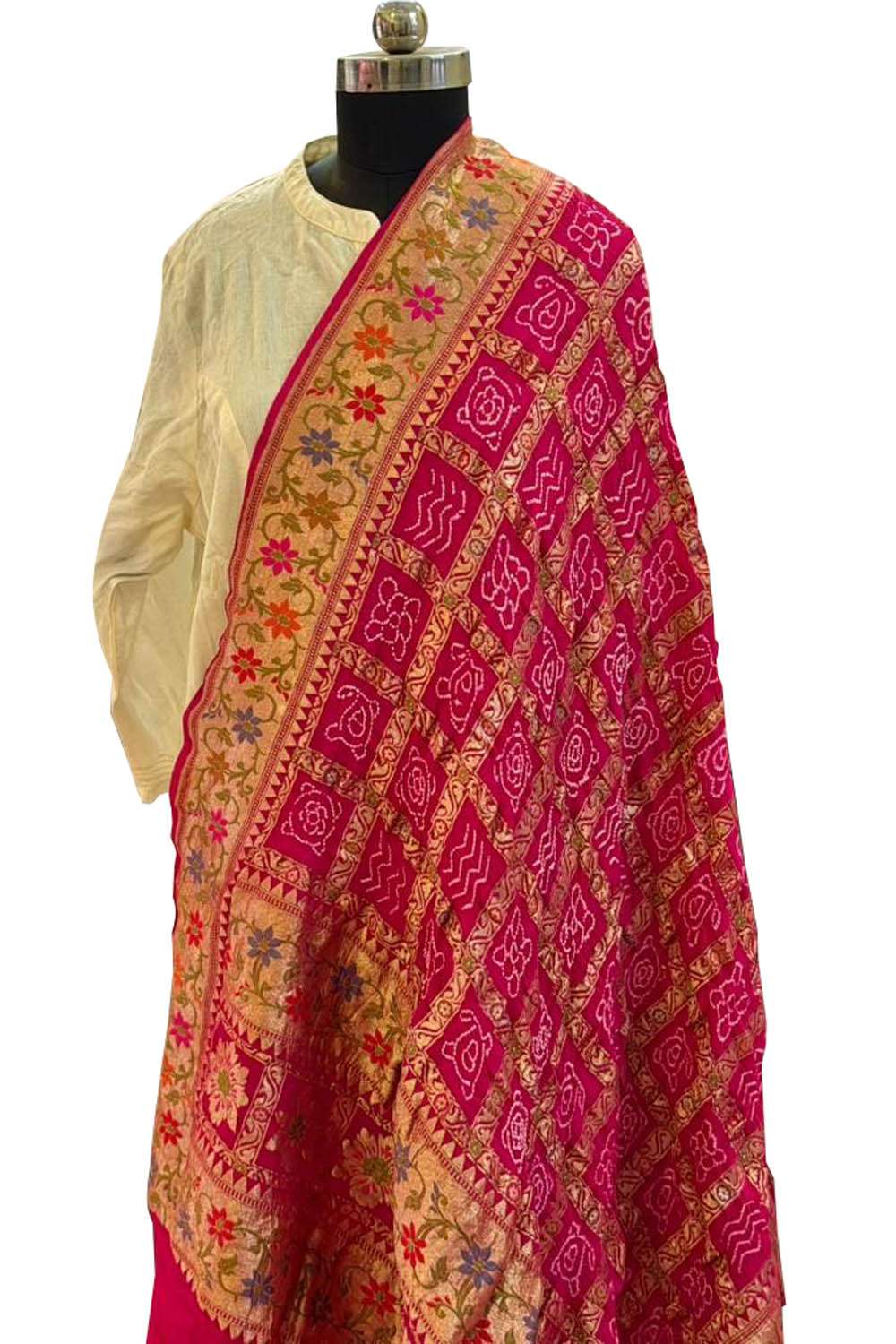 Pink Pure Georgette Meenakari Banarasi With Rai Bandhani Work Dupatta - Luxurion World- Crafted Heirlooms