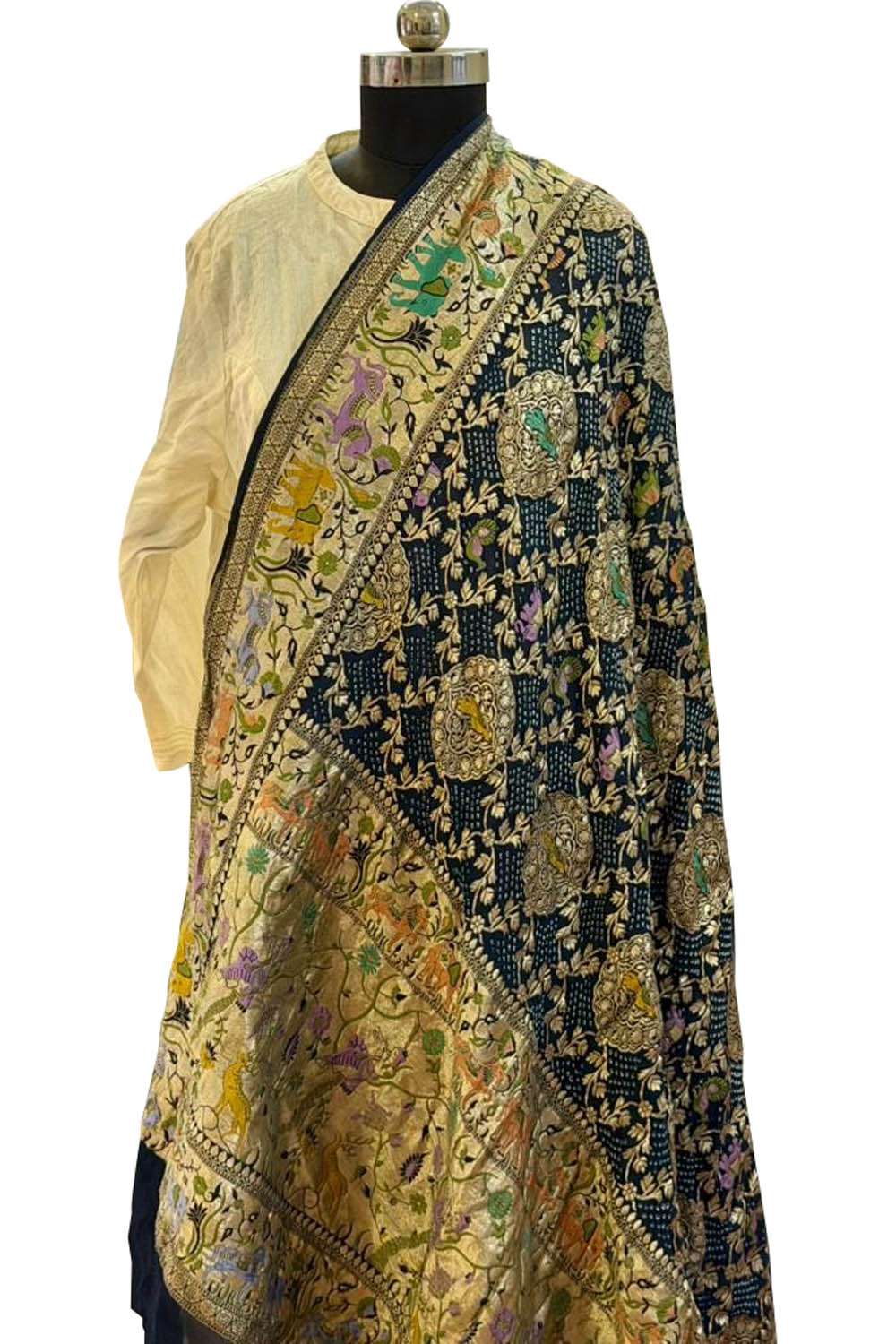Black Pure Georgette Meenakari Banarasi With Rai Bandhani Work Dupatta - Luxurion World- Crafted Heirlooms