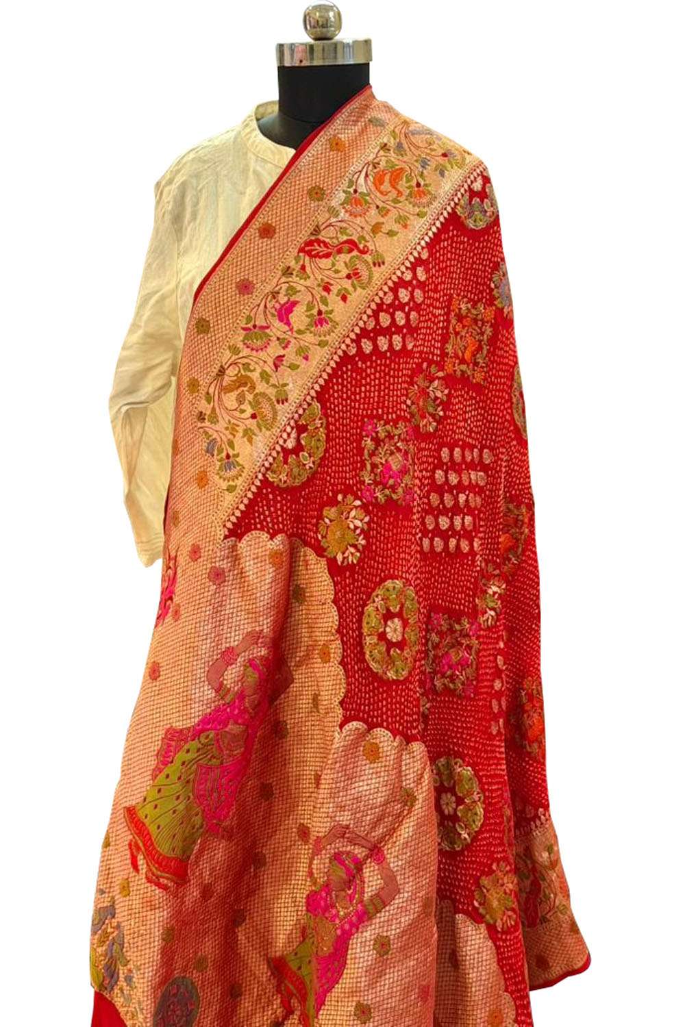 Pink Pure Georgette Meenakari Banarasi With Rai Bandhani Work Dupatta - Luxurion World- Crafted Heirlooms
