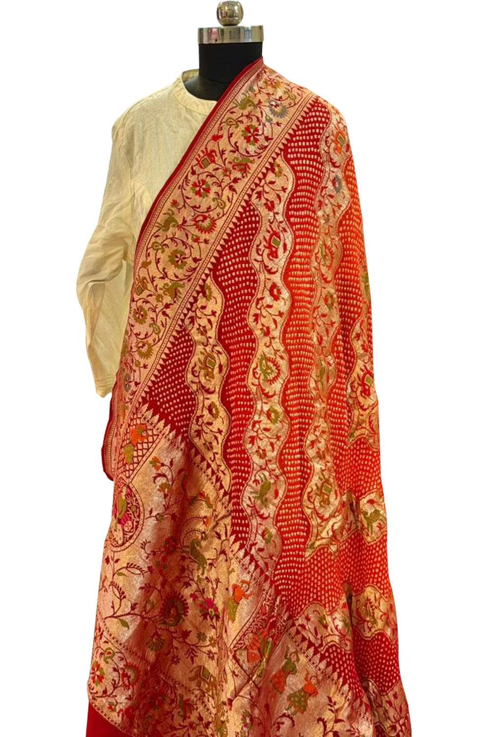 Red And Orange Pure Georgette Meenakari Banarasi With Rai Bandhani Work Dupatta - Luxurion World- Crafted Heirlooms