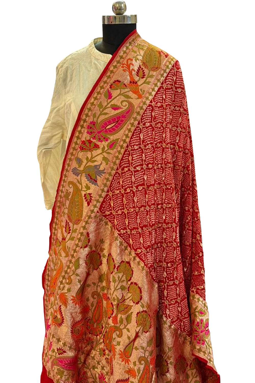 Red Pure Georgette Meenakari Banarasi With Rai Bandhani Work Dupatta - Luxurion World- Crafted Heirlooms