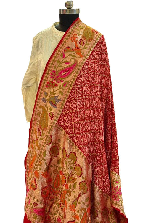 Red Pure Georgette Meenakari Banarasi With Rai Bandhani Work Dupatta - Luxurion World- Crafted Heirlooms