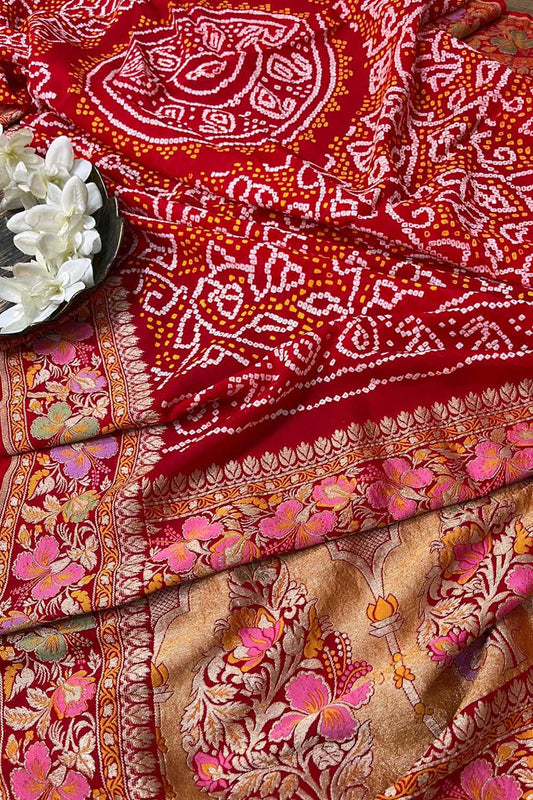 Exquisite Red Banarasi Bandhani Georgette Dupatta: Timeless Elegance