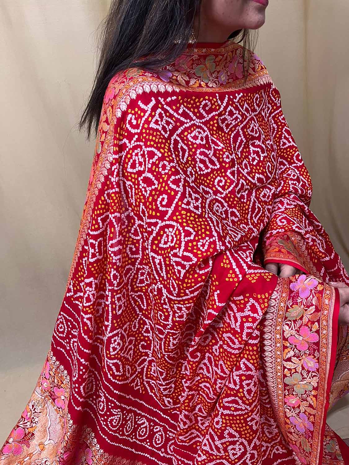 Exquisite Red Banarasi Bandhani Georgette Dupatta: Timeless Elegance - Luxurion World