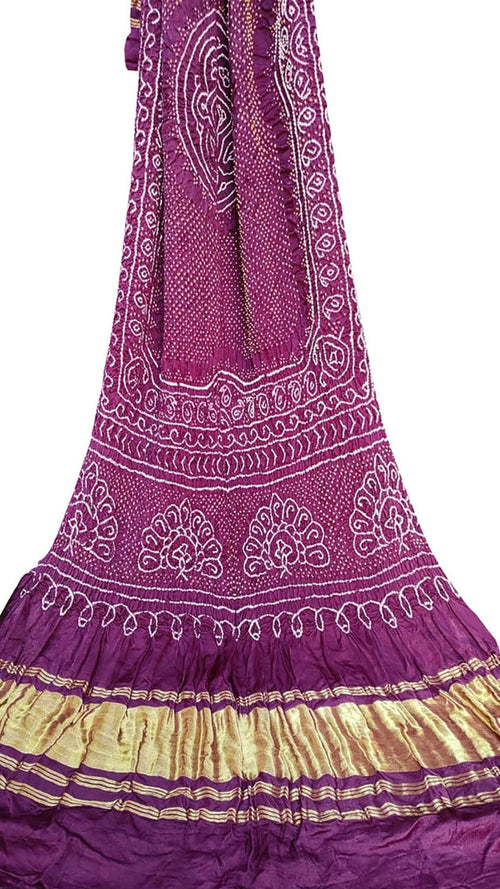 Elegant Purple Bandhani Pure Gajji Silk Dupatta - Luxurion World- Crafted Heirlooms