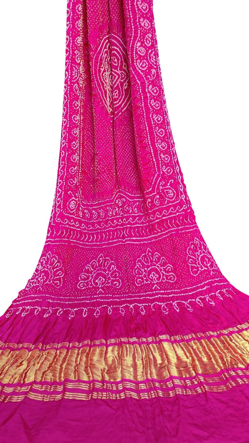 Stunning Pink Bandhani Pure Gajji Silk Dupatta - Luxurion World- Crafted Heirlooms