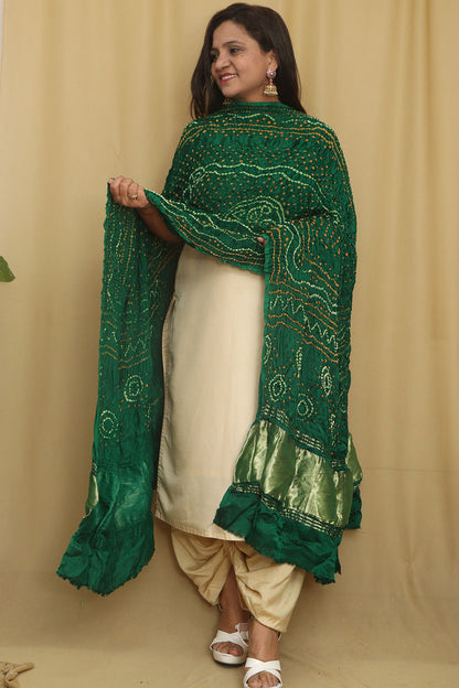 Green Bandhani Modal Gajji Silk Dupatta - Elegant and Stylish - Luxurion World