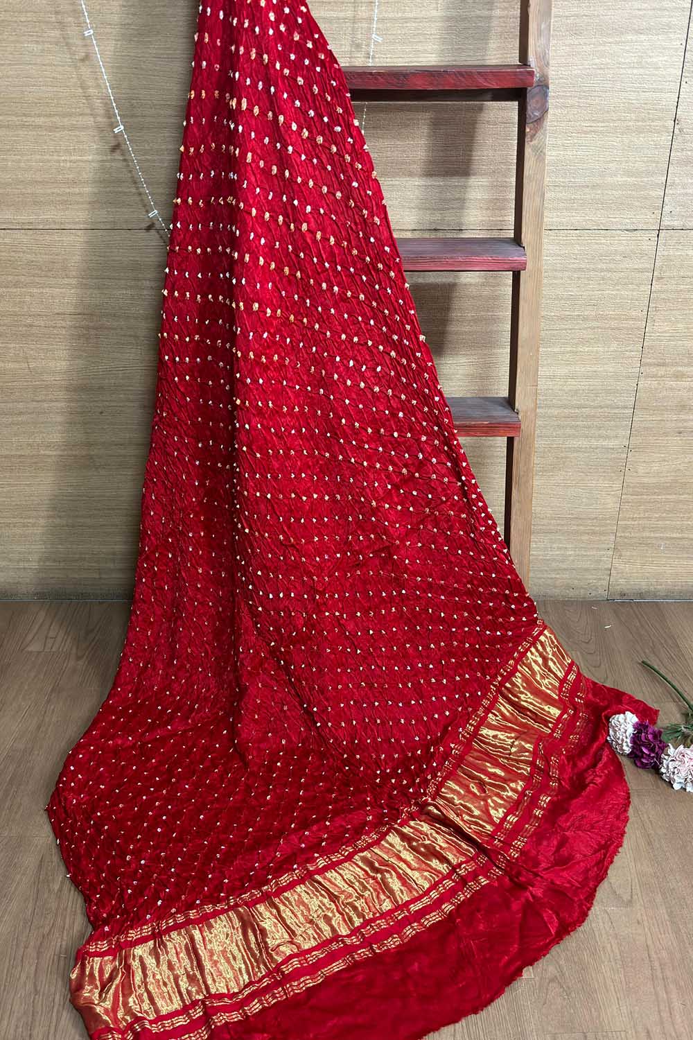 Red Bandhani Modal Gajji Silk Dupatta - Luxurion World