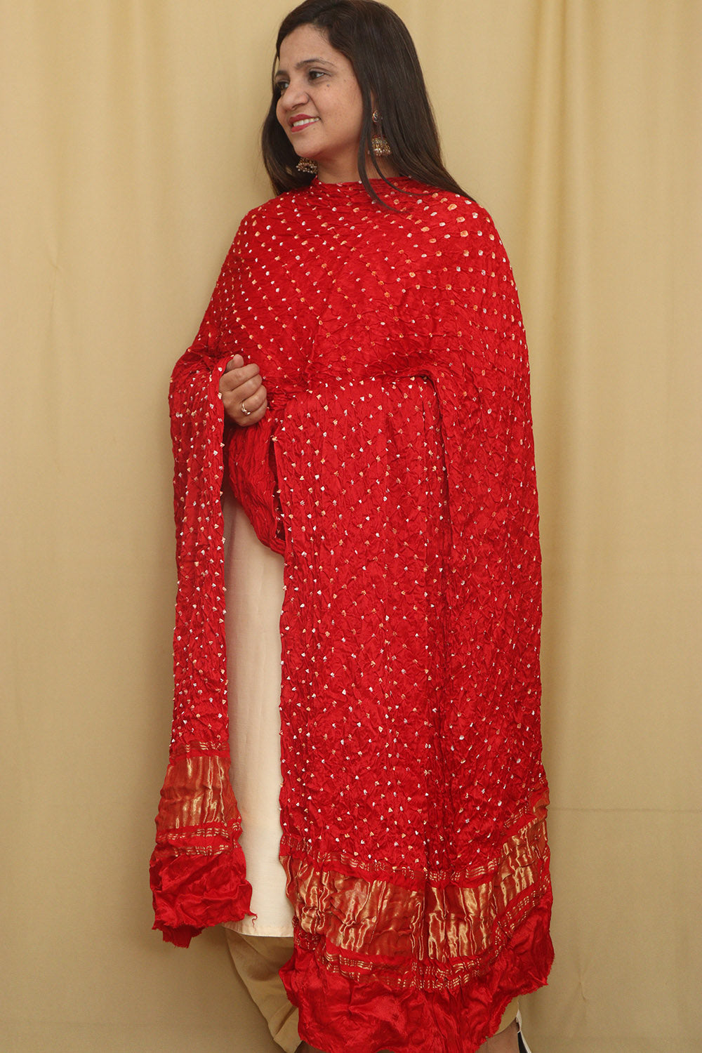 Red Bandhani Modal Gajji Silk Dupatta - Luxurion World