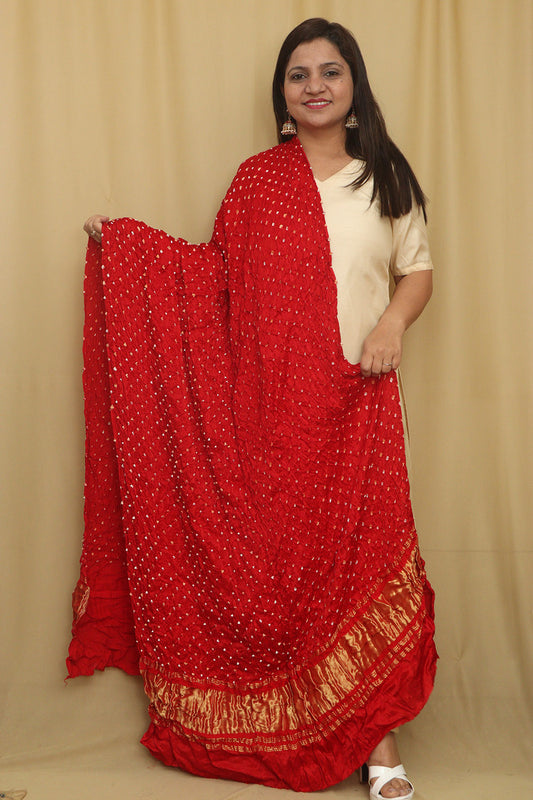 Red Bandhani Modal Gajji Silk Dupatta - Luxurion World