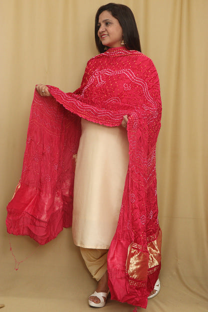 Pretty in Pink: Bandhani Modal Gajji Silk Dupatta - Luxurion World